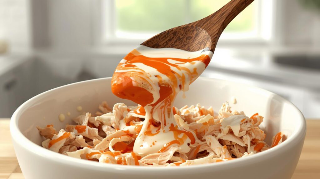 "Mixing shredded chicken, cream cheese, ranch dressing, and buffalo sauce in a bowl to make buffalo chicken dip, showing smooth and creamy texture."