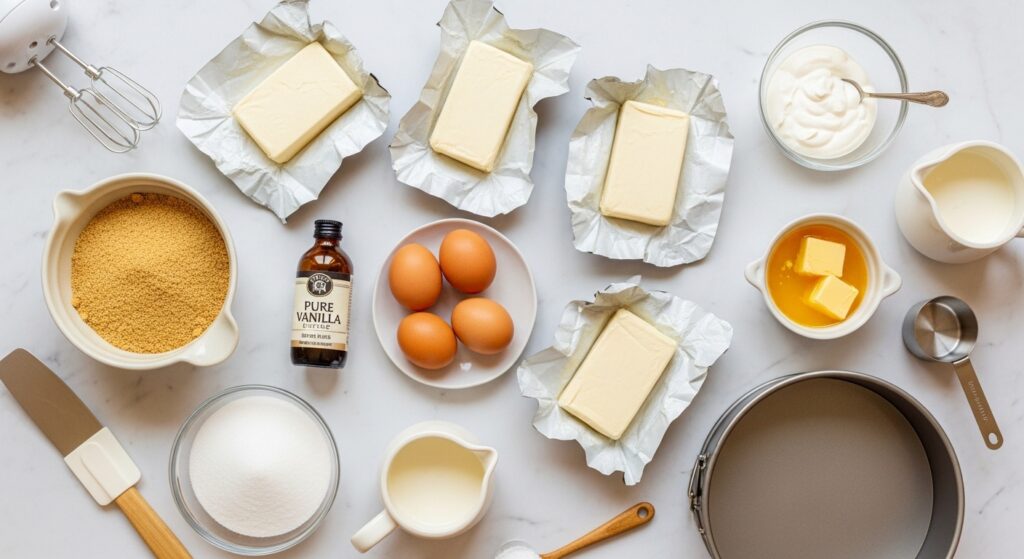 New York cheesecake ingredients flat lay with cream cheese eggs sour cream graham crackers and sugar