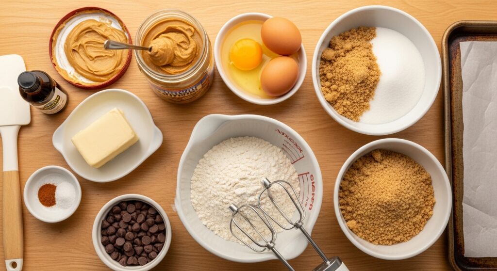 Peanut butter cookie ingredients flat lay with peanut butter butter eggs brown sugar flour and chocolate chips