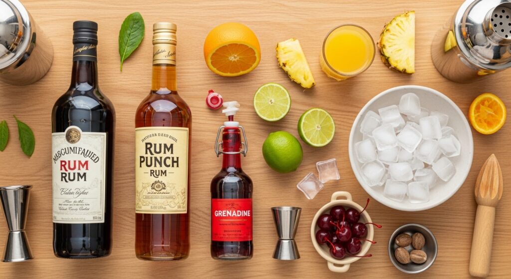 Rum punch ingredients flat lay with dark rum pineapple juice lime grenadine orange and ice cubes