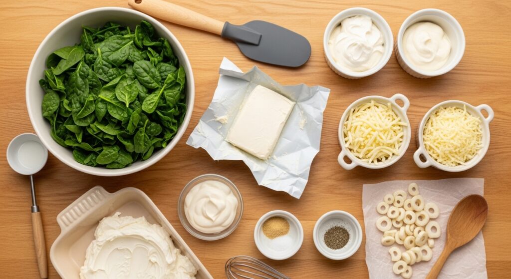 Spinach dip ingredients flat lay with fresh spinach cream cheese mozzarella sour cream and seasonings