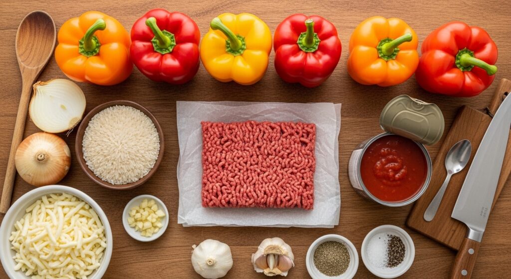 Stuffed peppers ingredients flat lay with bell peppers ground beef rice tomato sauce and mozzarella