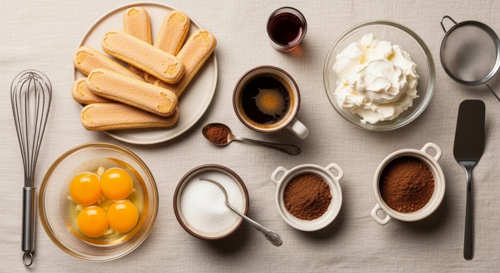 Tiramisu ingredients flat lay with mascarpone ladyfingers espresso egg yolks and cocoa powder