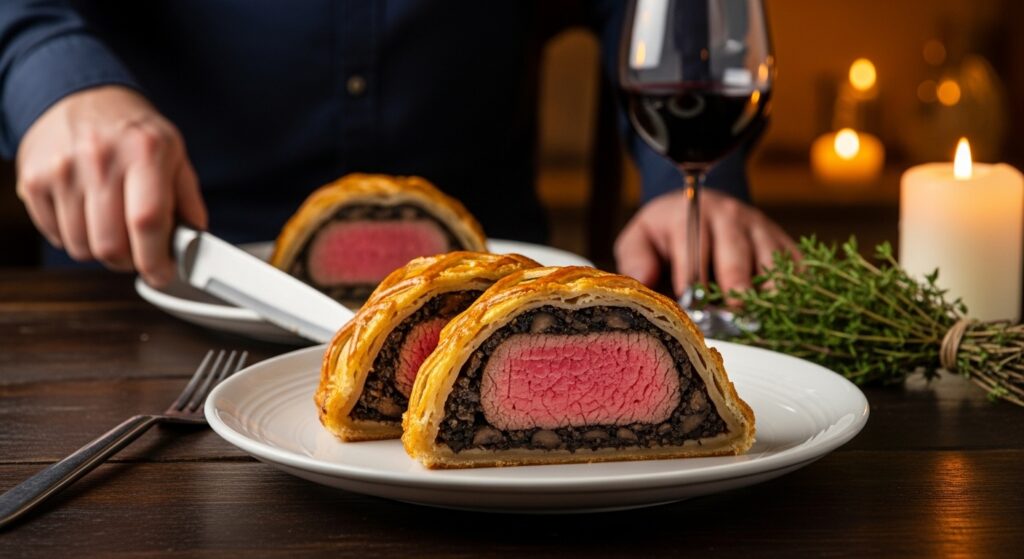 Two slices of classic Beef Wellington on white plate showing juicy pink center and golden pastry crust