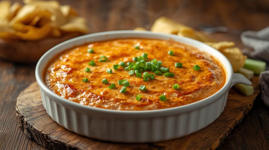 "Creamy and cheesy buffalo chicken dip in a baking dish, topped with melted cheddar and mozzarella, garnished with green onions, served with tortilla chips and celery sticks."