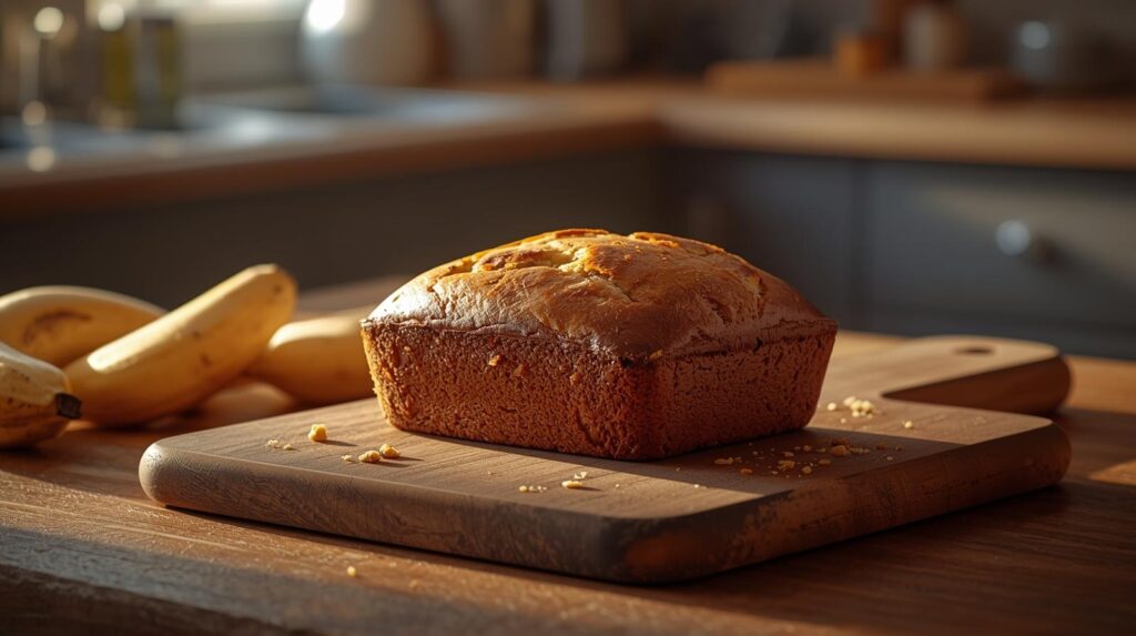 “Freshly baked whole banana bread loaf on a rustic wooden cutting board with golden-brown crust, crumbs scattered naturally, cozy kitchen background, warm natural lighting.”