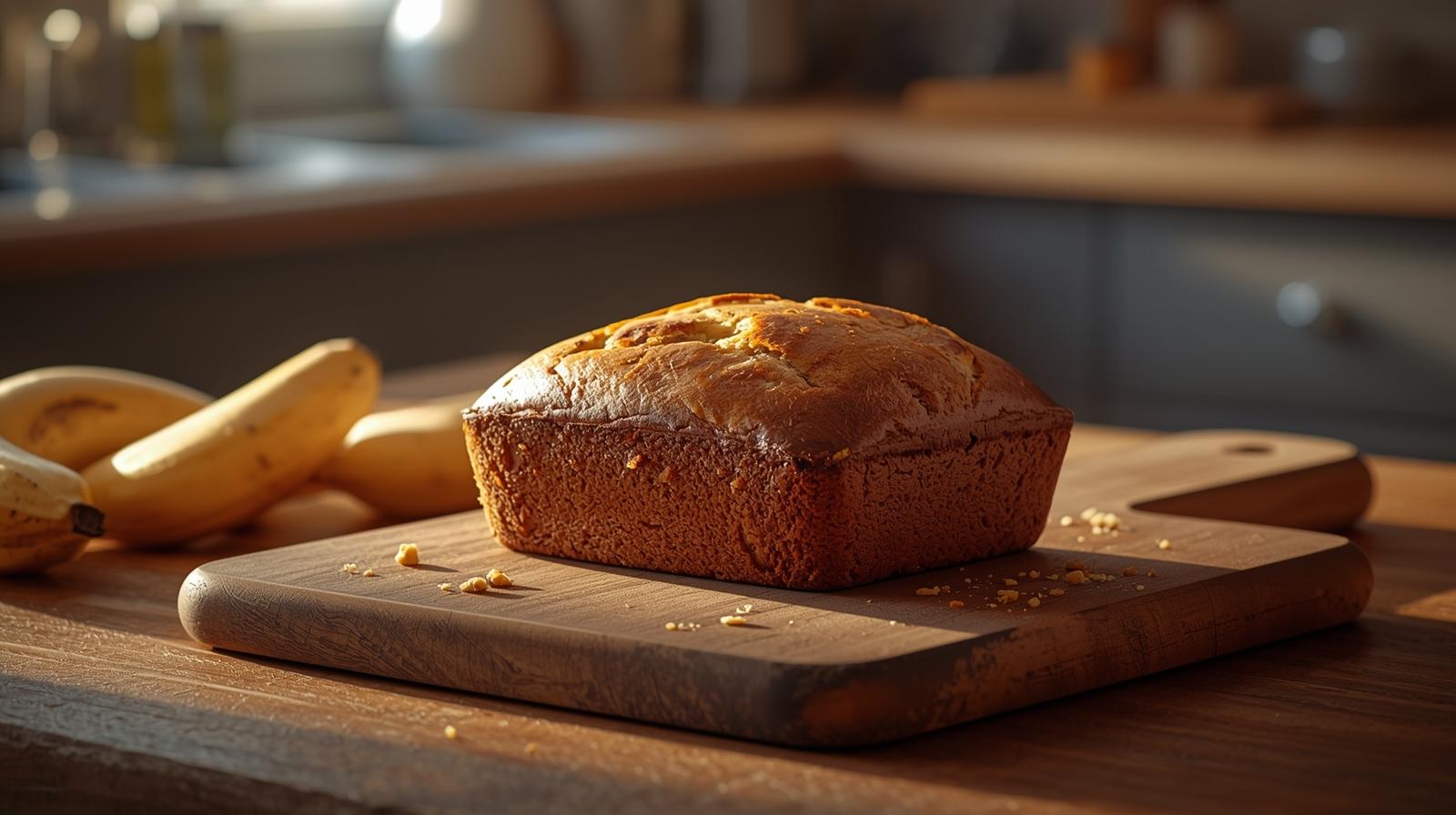 “Freshly baked whole banana bread loaf on a rustic wooden cutting board with golden-brown crust, crumbs scattered naturally, cozy kitchen background, warm natural lighting.”