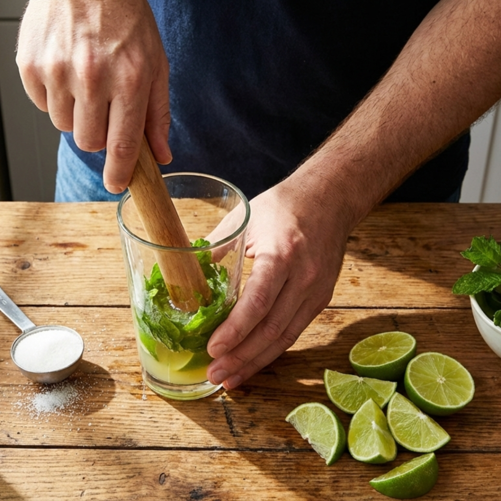 “Overhead view of hands muddling fresh mint leaves with lime juice in a glass, surrounded by lime wedges, mint sprigs, sugar, and rum on a wooden countertop, bright kitchen lighting.”