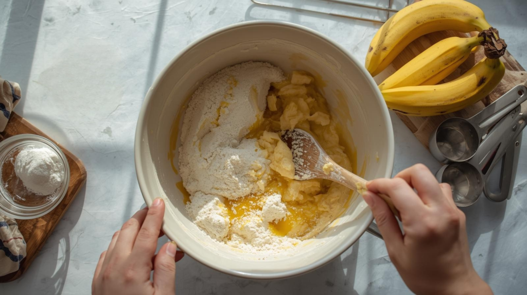 “Overhead view of hands mixing mashed ripe bananas with melted butter, sugar, eggs, and flour in a large bowl, with eggs, measuring cups, and bananas arranged on a bright kitchen countertop.”