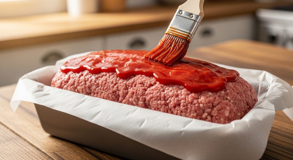 "Applying ketchup glaze on raw homemade meatloaf before baking for a caramelized finish."