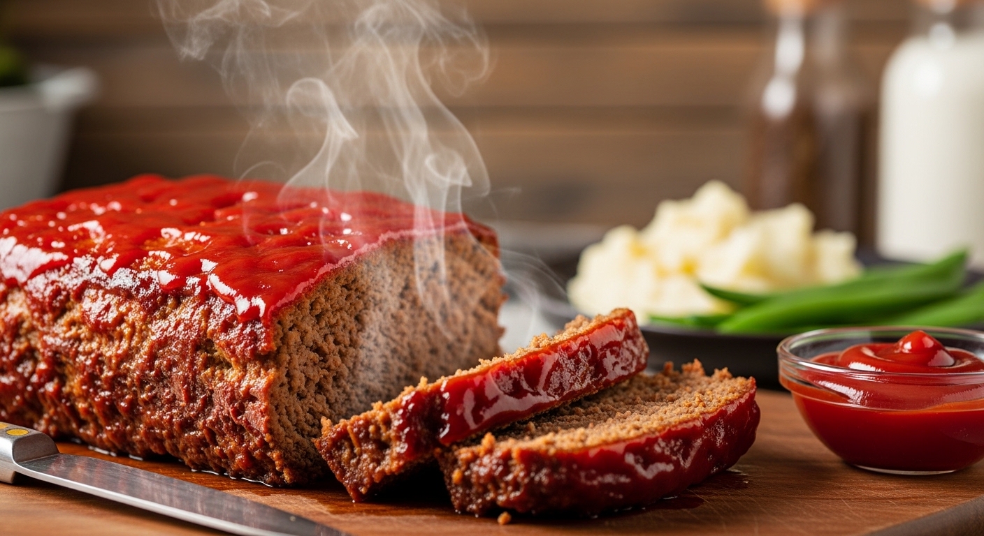 "Easy homemade meatloaf with caramelized ketchup glaze sliced on a wooden board, juicy and tender inside, served as a comforting weeknight dinner."