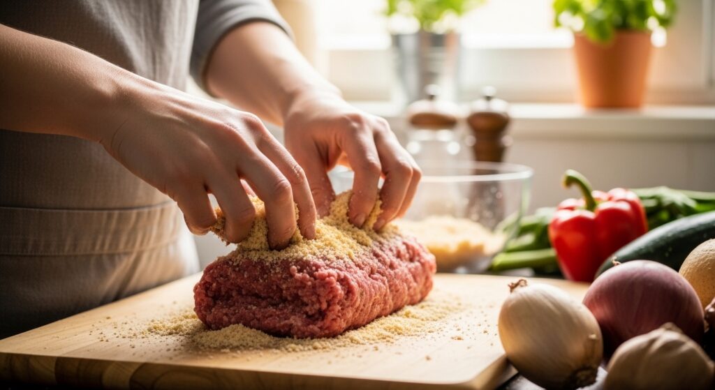 "Mixing ground beef, breadcrumbs, eggs, and seasonings to prepare homemade meatloaf before baking."