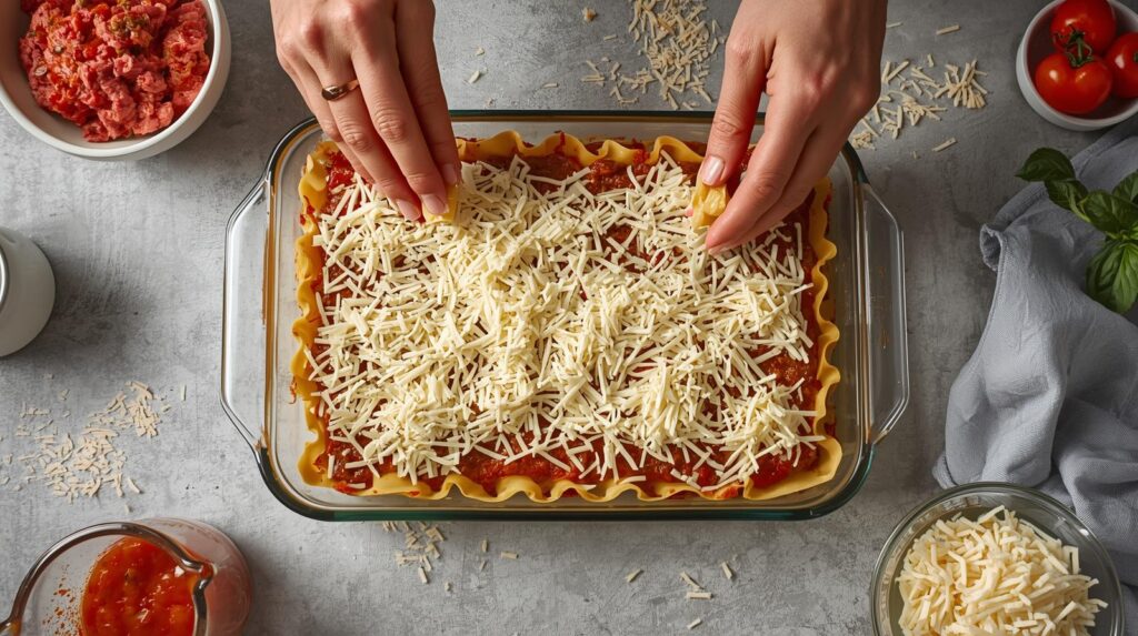"Cheesy homemade beef lasagna with melted mozzarella and rich meat sauce"