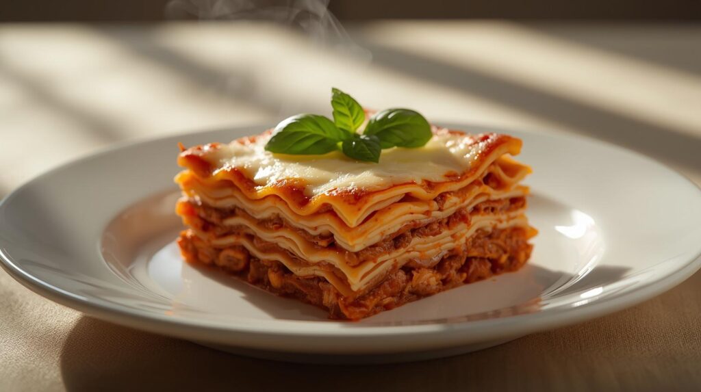 "Cheesy homemade beef lasagna with melted mozzarella and rich meat sauce"
