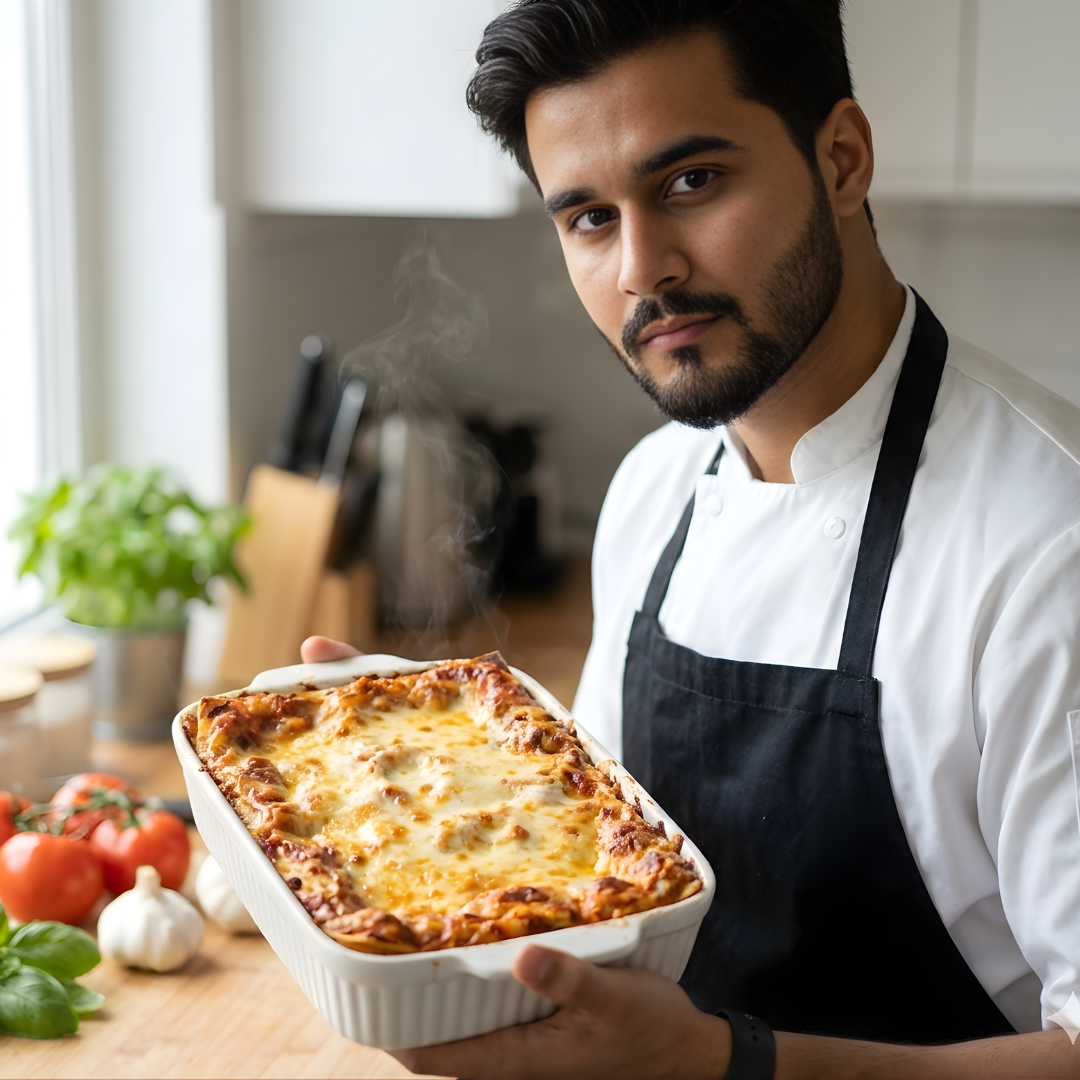 "Cheesy homemade beef lasagna with melted mozzarella and rich meat sauce"