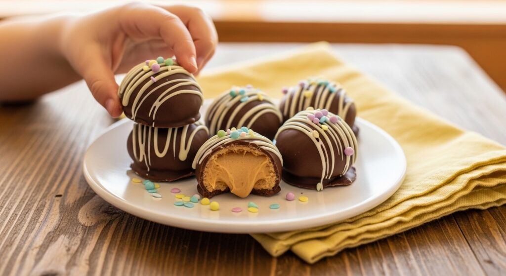 Chocolate coated peanut butter Easter eggs on white plate with creamy filling and sprinkles
