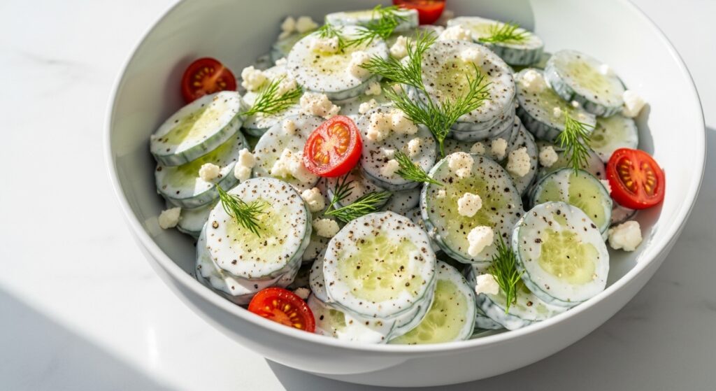 Creamy cucumber salad in white bowl with fresh dill feta and sour cream dressing