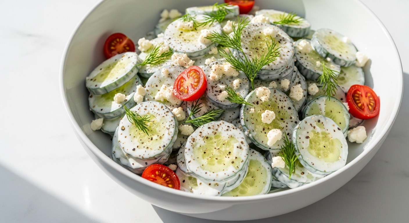 Creamy cucumber salad in white bowl with fresh dill feta and sour cream dressing
