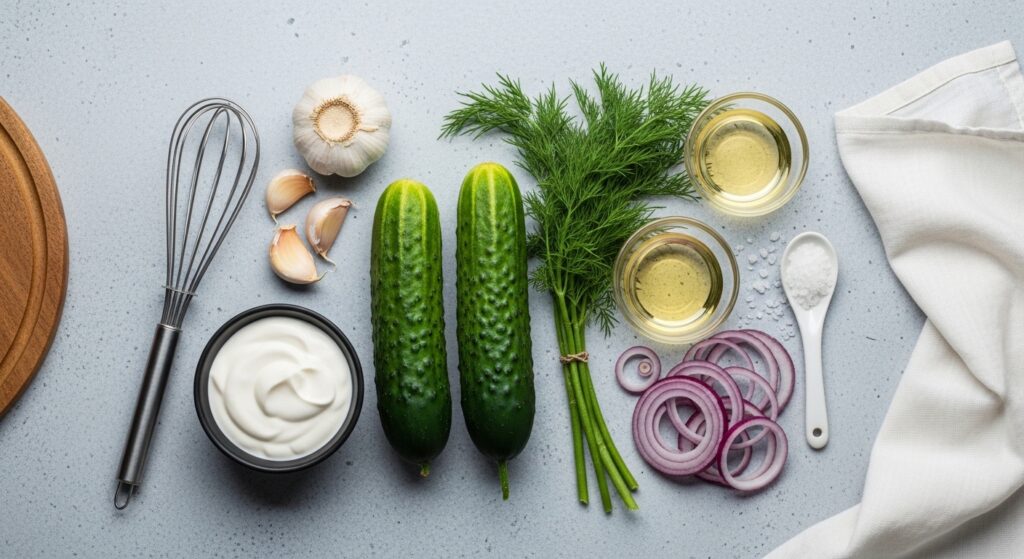 Creamy cucumber salad ingredients flat lay with sour cream dill garlic and red onion