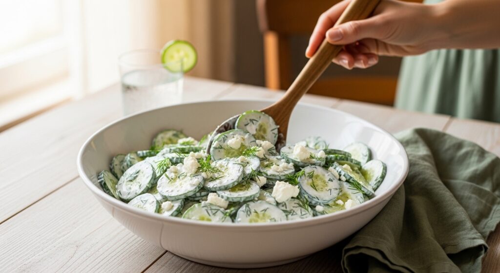Creamy cucumber salad with sour cream dressing fresh dill and feta in white bowl