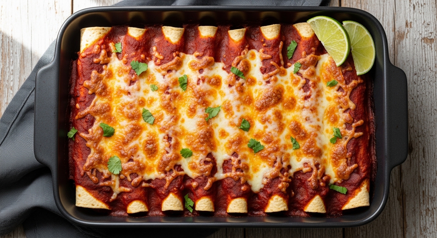 Easy beef enchilada recipe baked in dish with melted cheese and cilantro