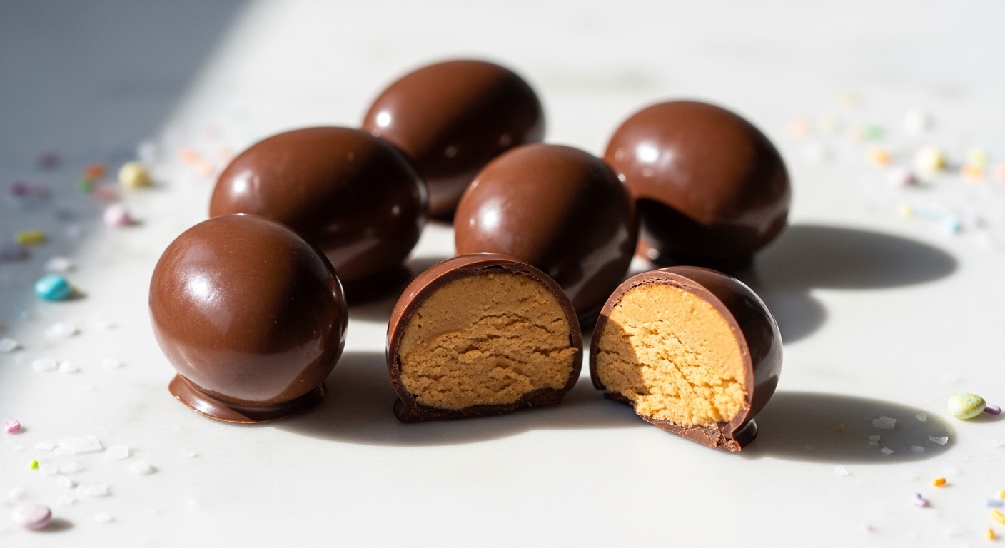 Easy peanut butter Easter eggs coated in glossy chocolate with creamy filling showing inside