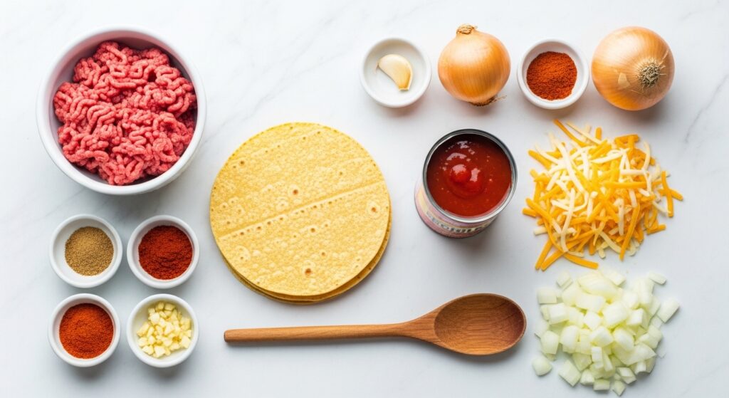 Fresh ingredients for easy beef enchilada recipe laid out on marble surface