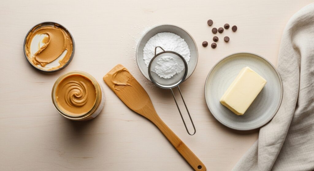 Peanut butter Easter egg ingredients flat lay with peanut butter powdered sugar and butter