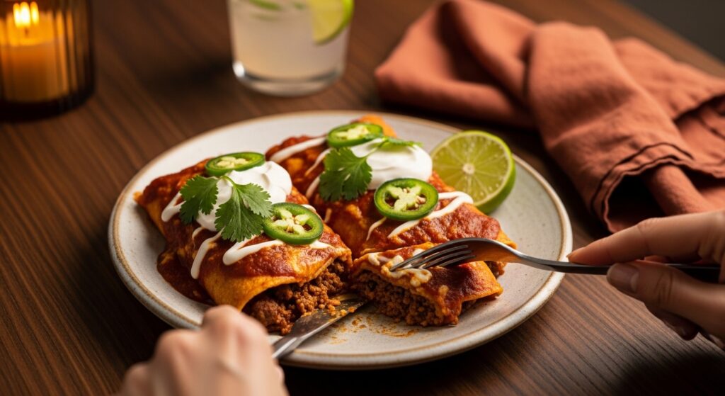 Plated easy beef enchilada recipe served with sour cream jalapeños and lime