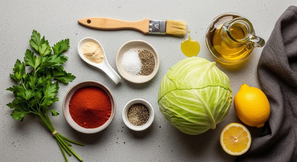 Roasted cabbage recipe ingredients flat lay with smoked paprika olive oil garlic and lemon