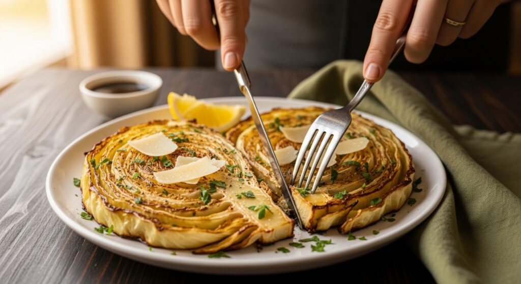 Roasted cabbage steaks on white plate with caramelized edges parmesan and fresh parsley