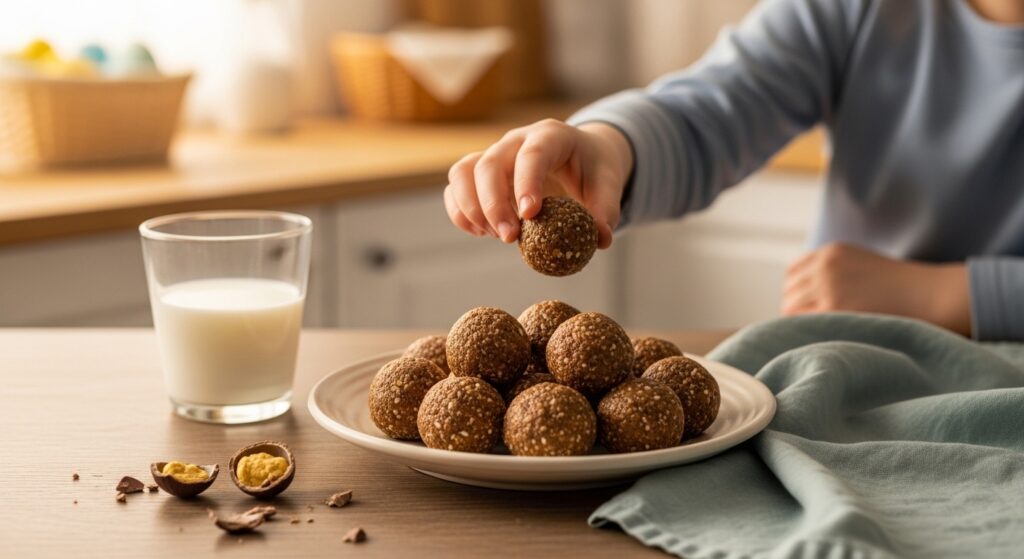 A child reaching for a chocolate protein ball on a plate with milk