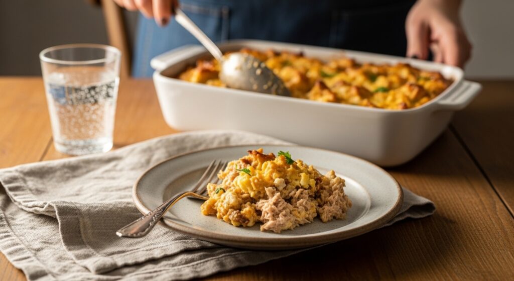 A scoop of creamy tuna casserole on a plate with a fork and napkin