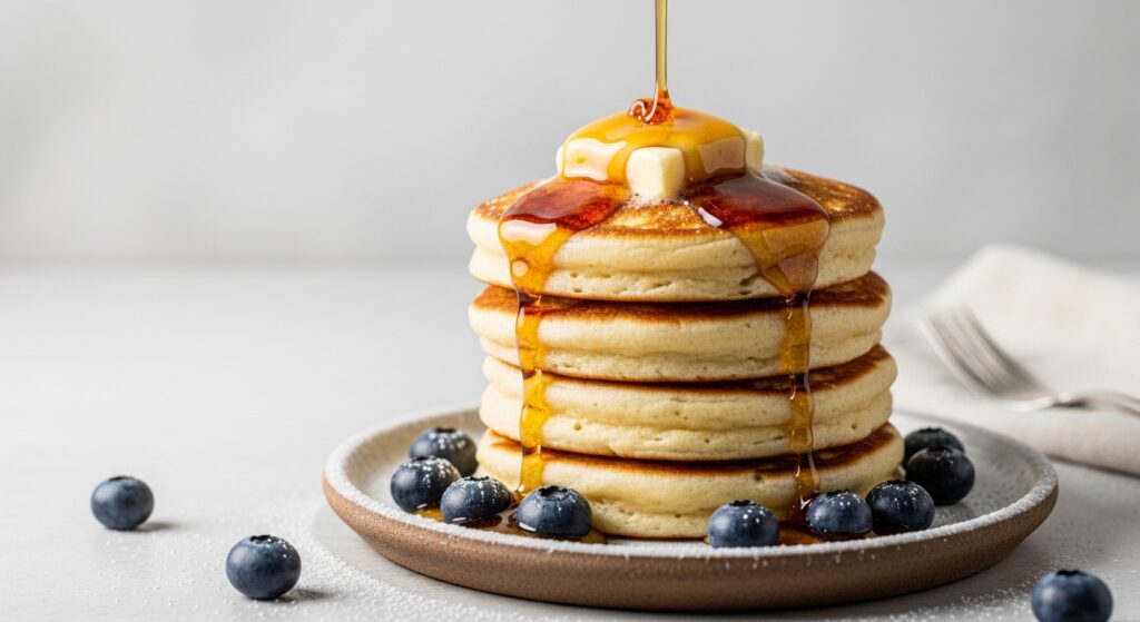 A stack of fluffy sourdough discard pancakes with melting butter and glistening maple syrup drizzle