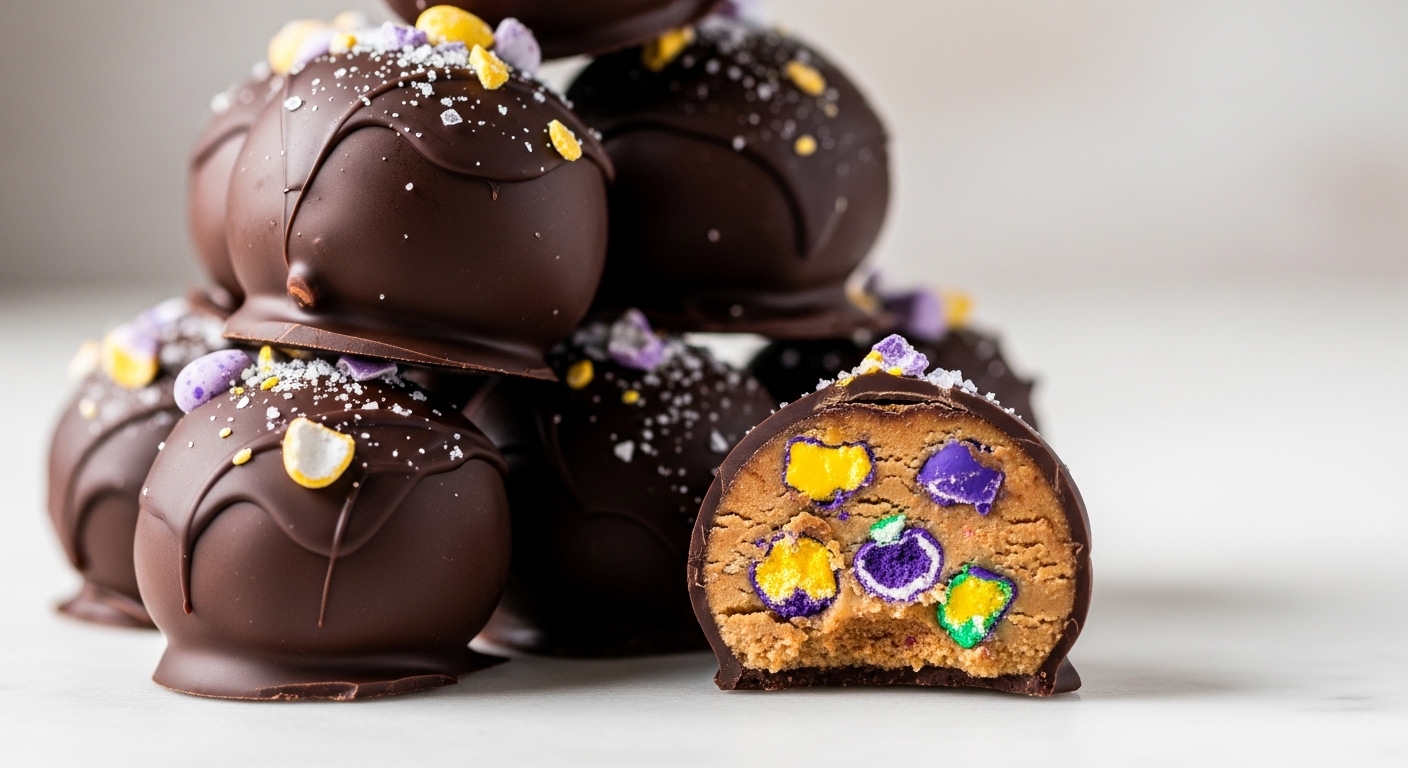 Chocolate coated peanut butter protein balls with crushed Cadbury Mini Eggs on marble