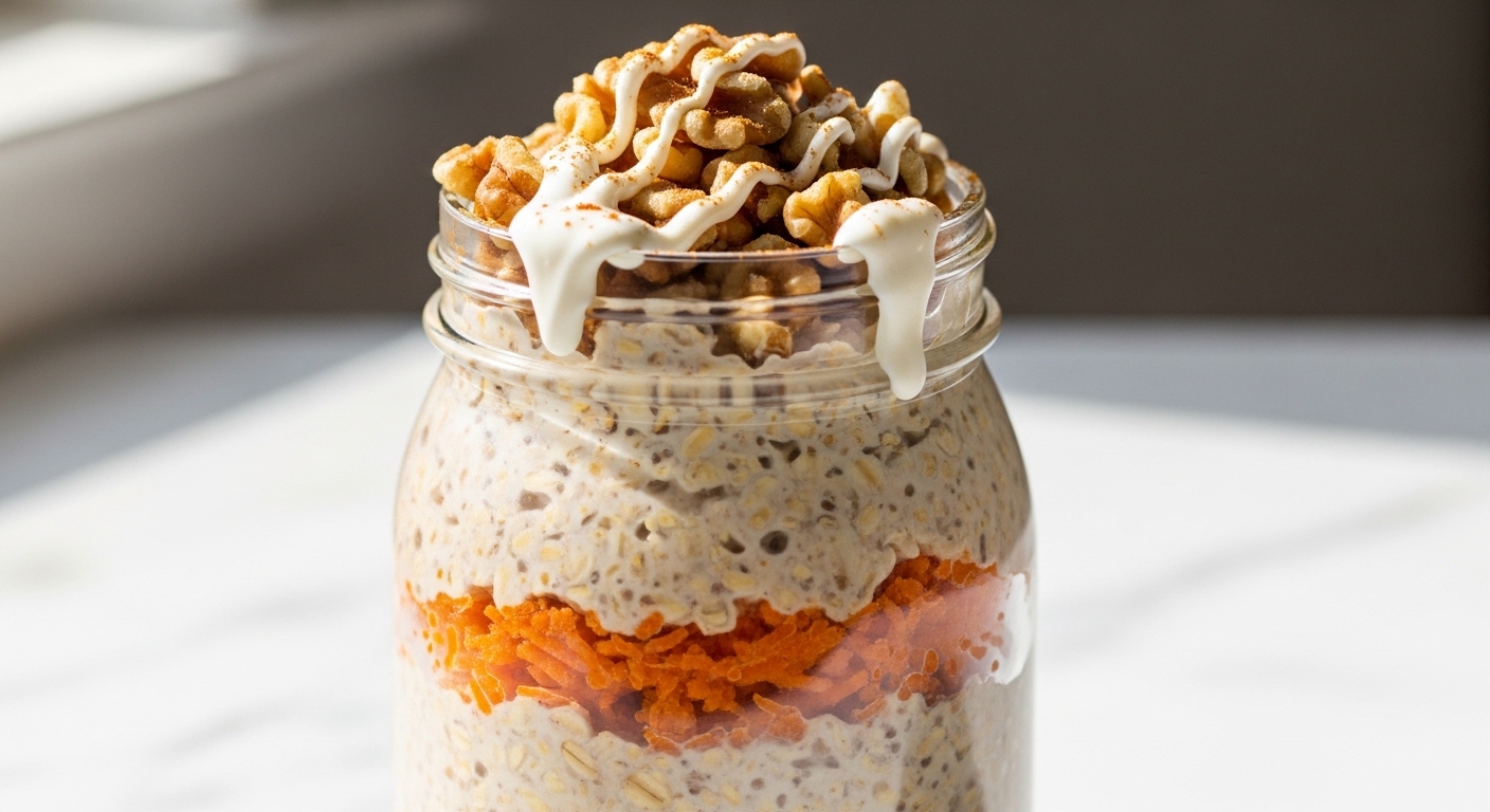 Creamy carrot cake overnight oats in a mason jar with walnuts and cream cheese drizzle
