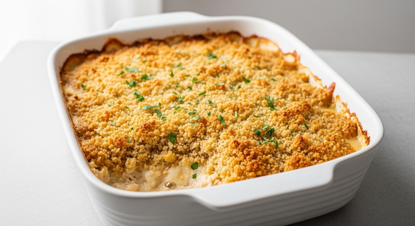 Creamy cheesy tuna casserole with a golden crispy panko topping in a baking dish
