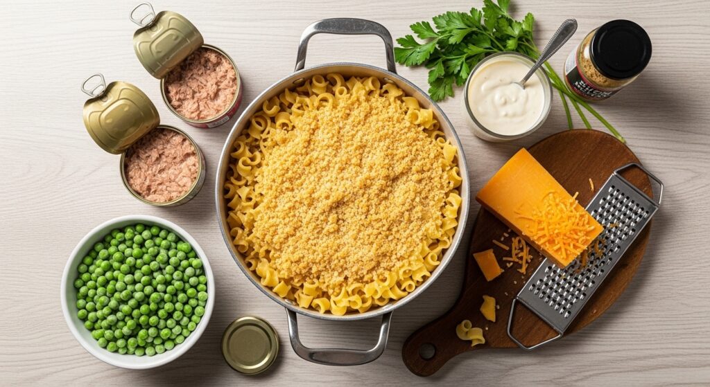 Flat lay of egg noodles drained tuna frozen peas and homemade cream sauce ingredients