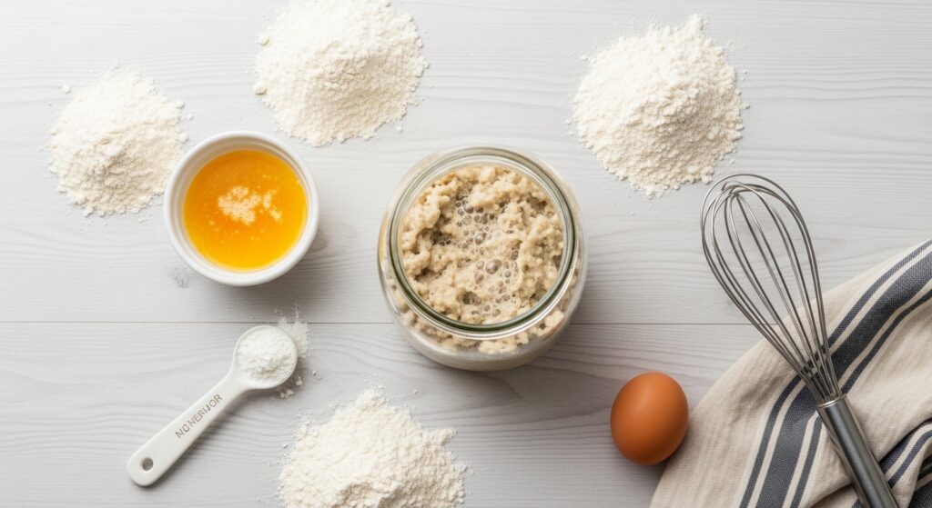 Flat lay of ingredients including a glass jar of sourdough discard flour egg and browned butter