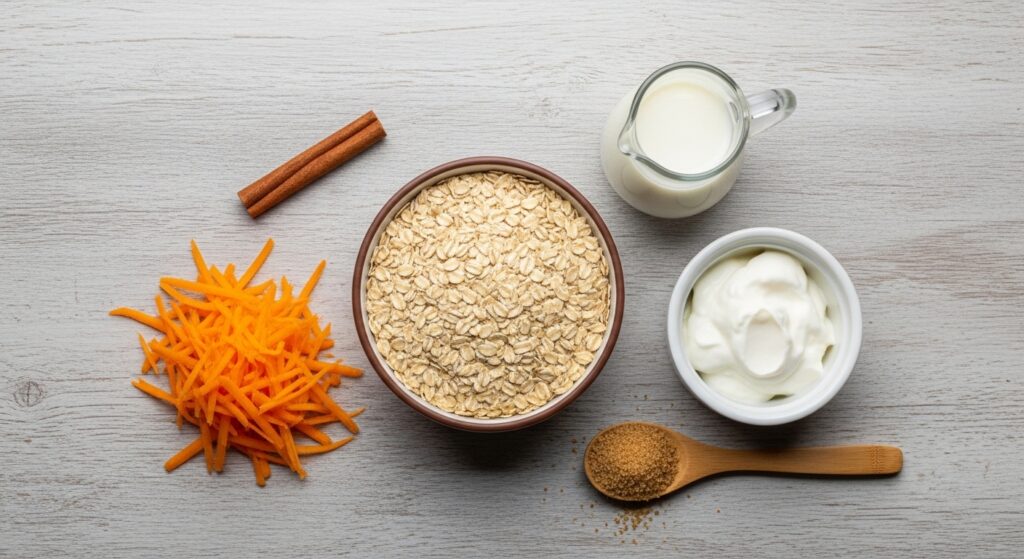 Flat lay of rolled oats, grated carrots, spices, and yogurt for making overnight oats