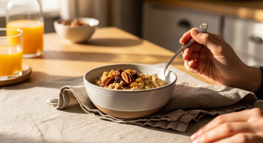 Hand holding a spoon over a bowl of carrot cake overnight oats with raisins