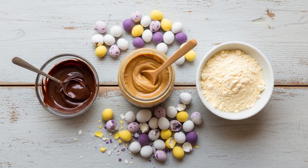 Ingredients for Easter protein balls including peanut butter protein powder and Mini Eggs
