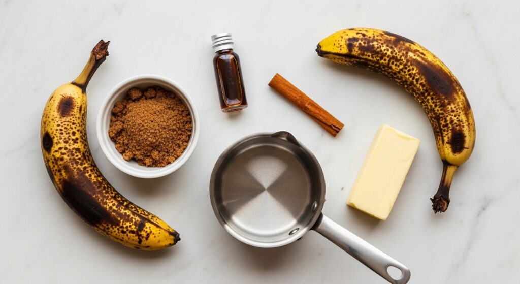 Ingredients for banana bread syrup including overripe bananas brown sugar cinnamon and vanilla extract