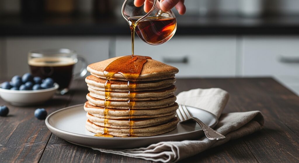 Pouring maple syrup over a tall stack of fluffy sourdough discard pancakes on wood table