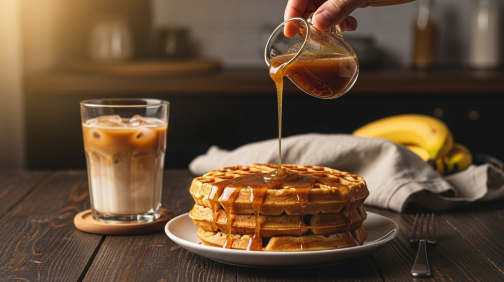 Pouring thick banana bread syrup over waffles next to an iced latte on wood table