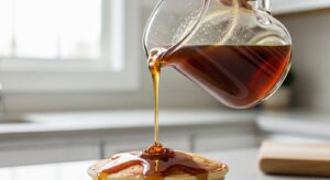 Thick glossy banana bread syrup pouring onto a stack of pancakes with warm lighting